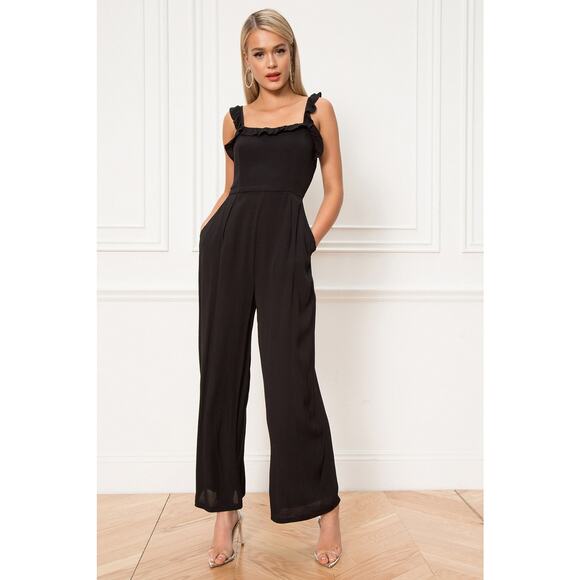 Superdown Victoria Jumpsuit Black Sleeveless Ruffle Open Back Wide Leg‎ Sz M - Picture 1 of 15